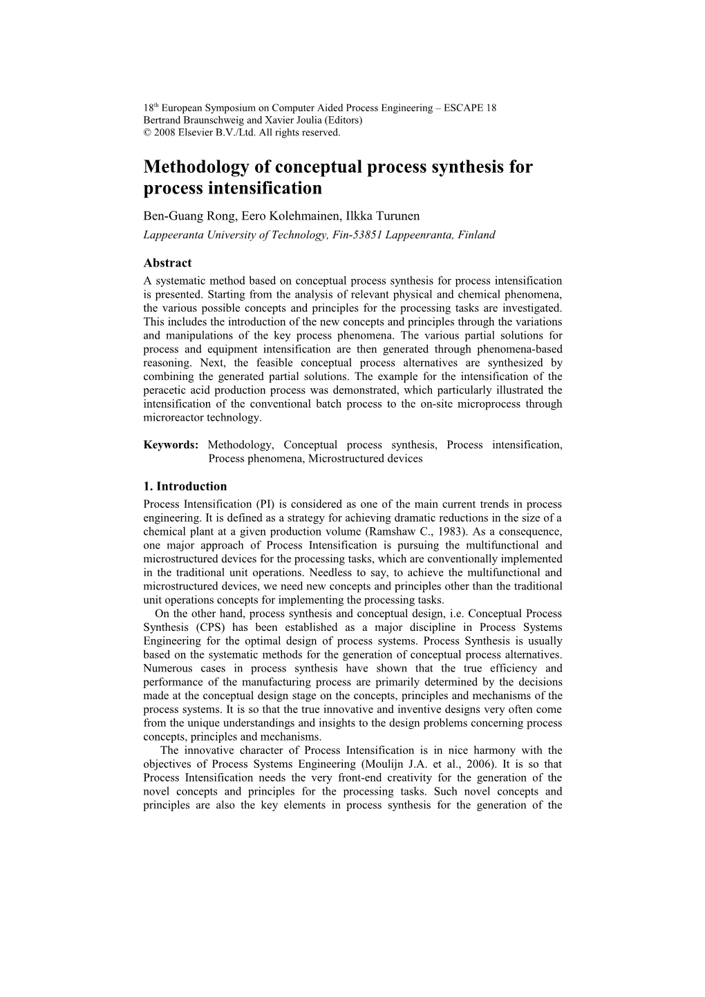 Methodology of Conceptual Process Synthesis for Process Intensification