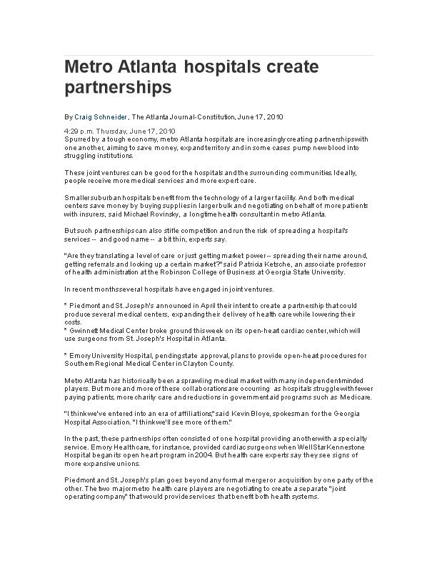Metro Atlanta Hospitals Create Partnerships