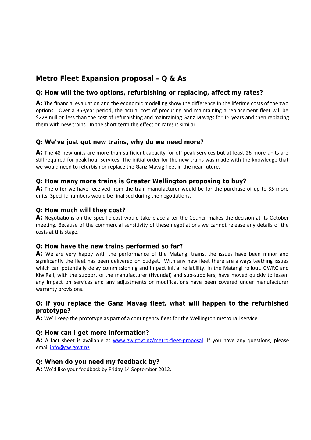 Metro Fleet Expansion Proposal Q & As
