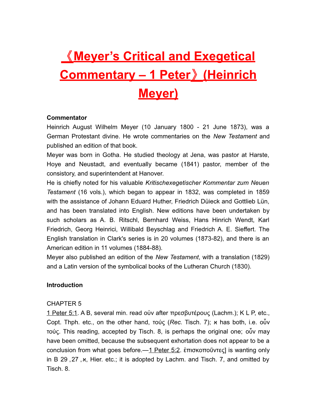 Meyer S Critical and Exegetical Commentary 1 Peter (Heinrichmeyer)