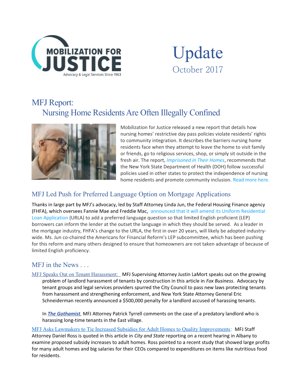 MFJ Report:Nursing Home Residents Are Often Illegally Confined
