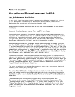 Micropolitan and Metropolitan Areas of the U.S.A