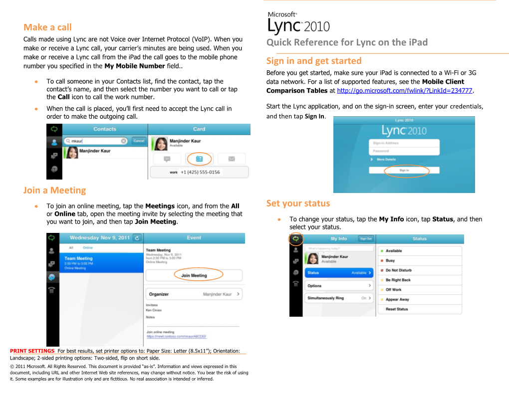 Microsoft Lync 2010 for Ipad Quick Reference Card