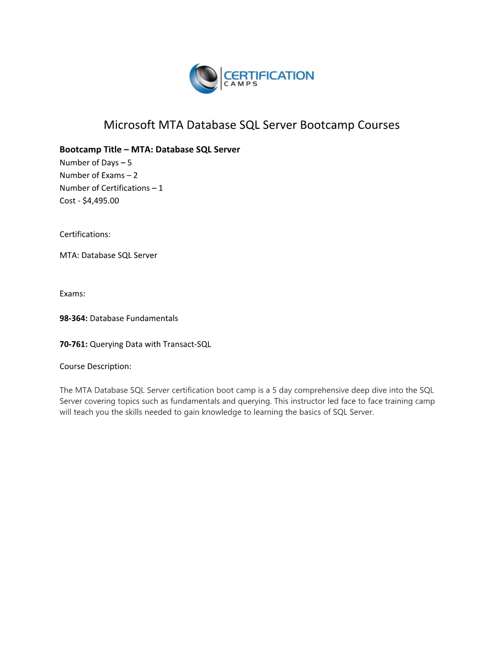 Microsoft MTA Database SQL Serverbootcamp Courses