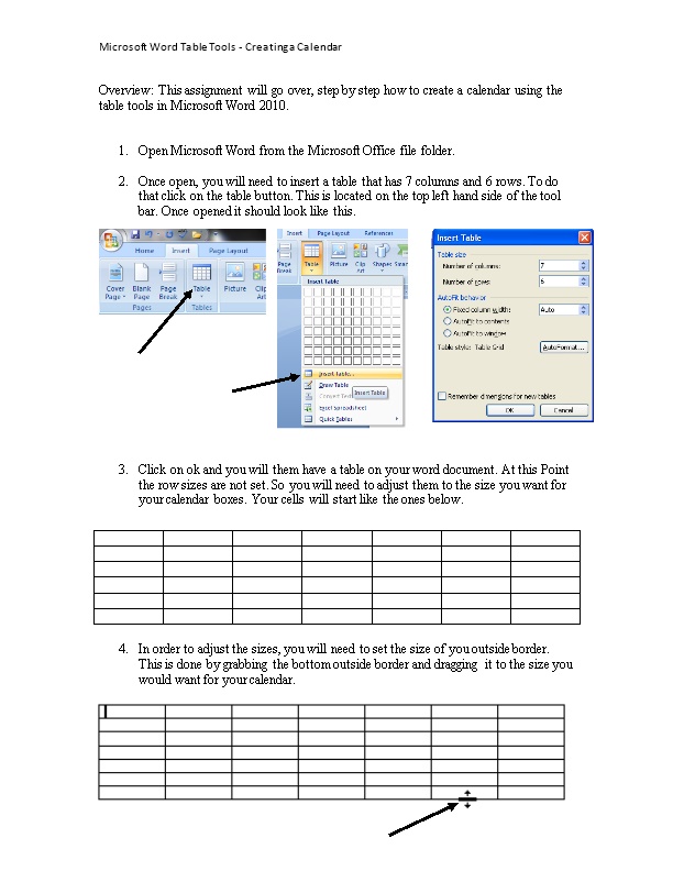 Microsoft Word Table Tools - Creating a Calendar