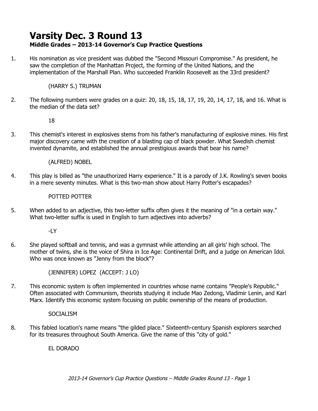 Middle Grades 2013-14 Governor S Cup Practice Questions