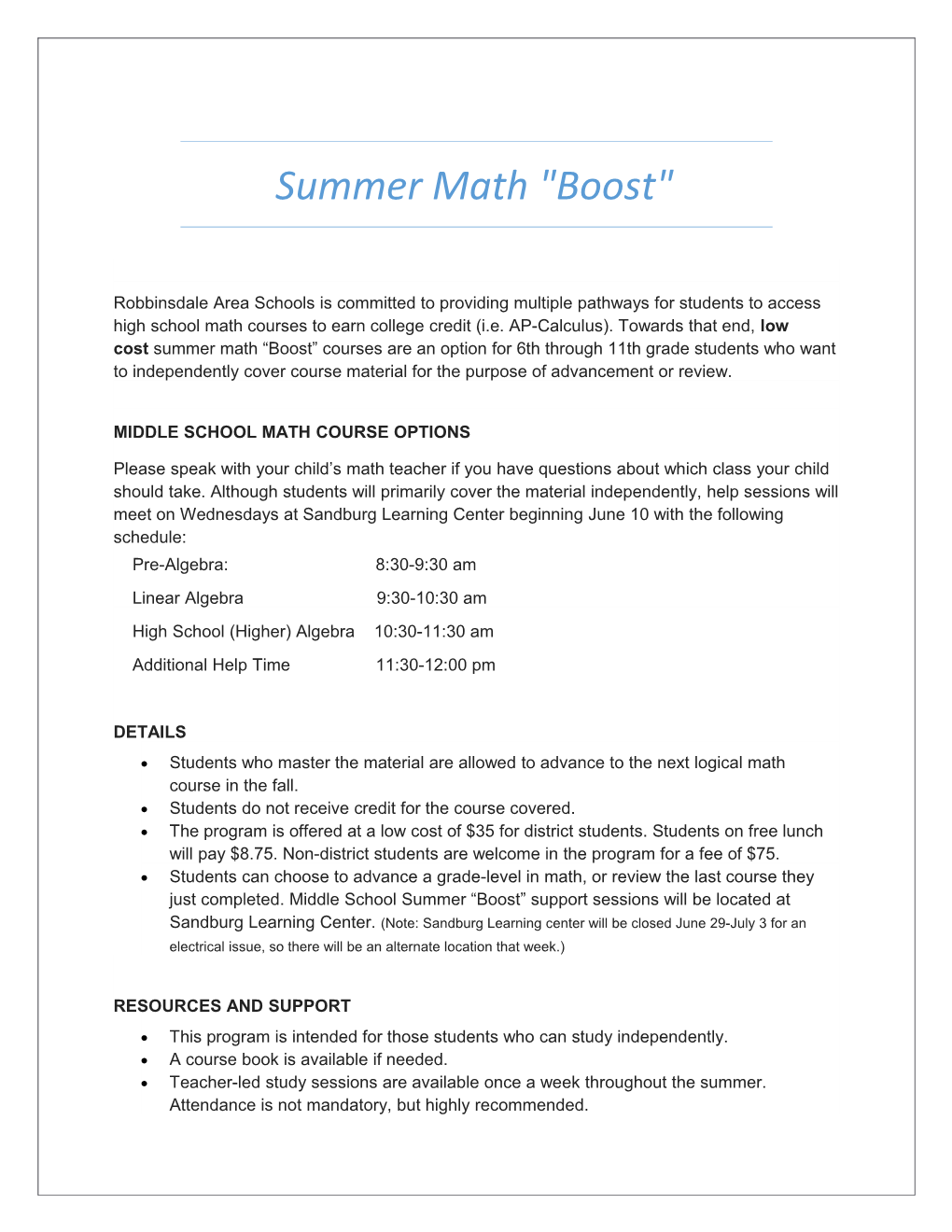 Middle School Math Course Options