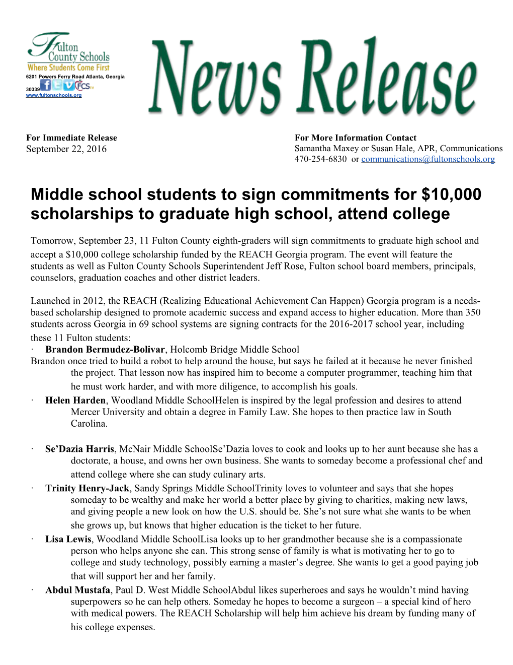 Middle School Students to Sign Commitments for $10,000 Scholarships to Graduate High School