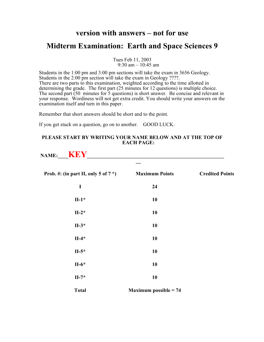 Midterm Examination: Earth and Space Sciences 9