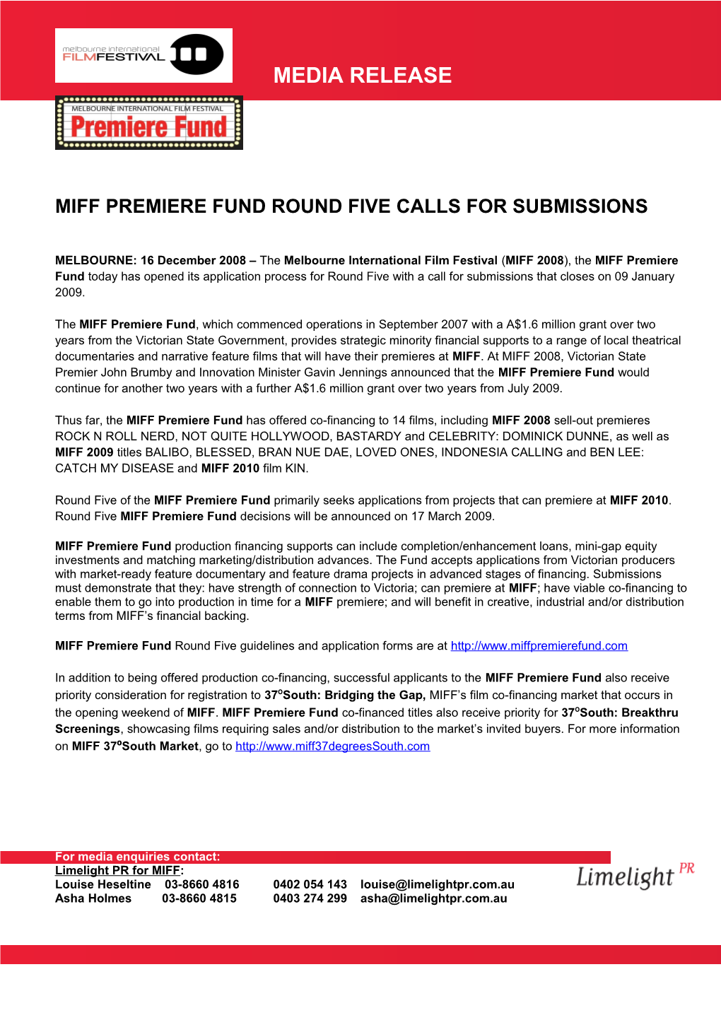 Miff Premiere Fund Round Five Calls for Submissions