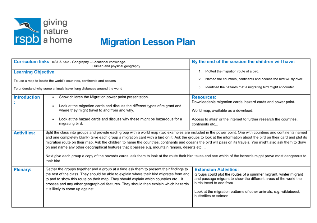 Migration Lesson Plan