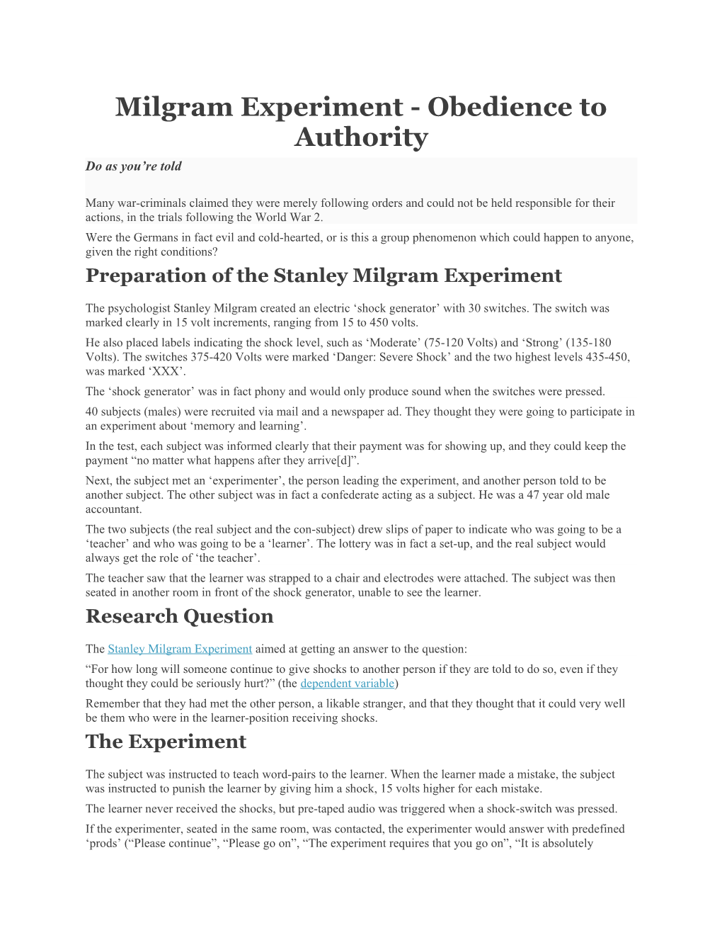 Milgram Experiment - Obedience to Authority