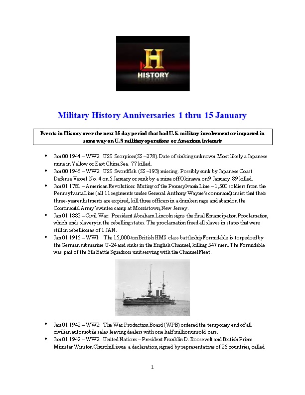 Military History Anniversaries 1 Thru 15January