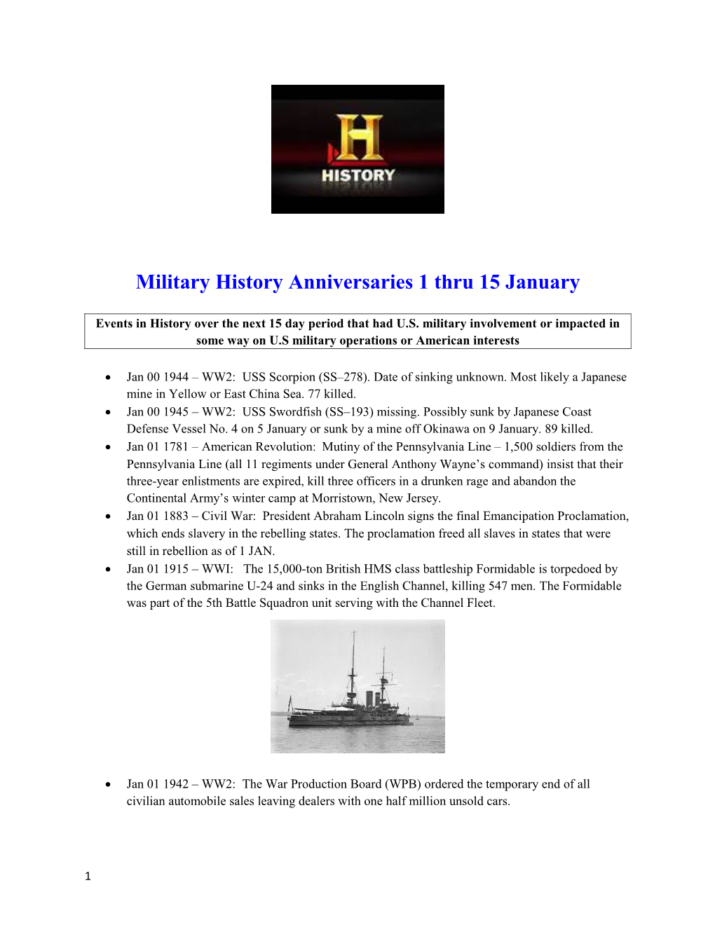 Military History Anniversaries 1 Thru 15January