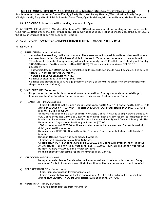MILLET MINOR HOCKEY ASSOCIATION Meeting Minutes of October 20, 2014
