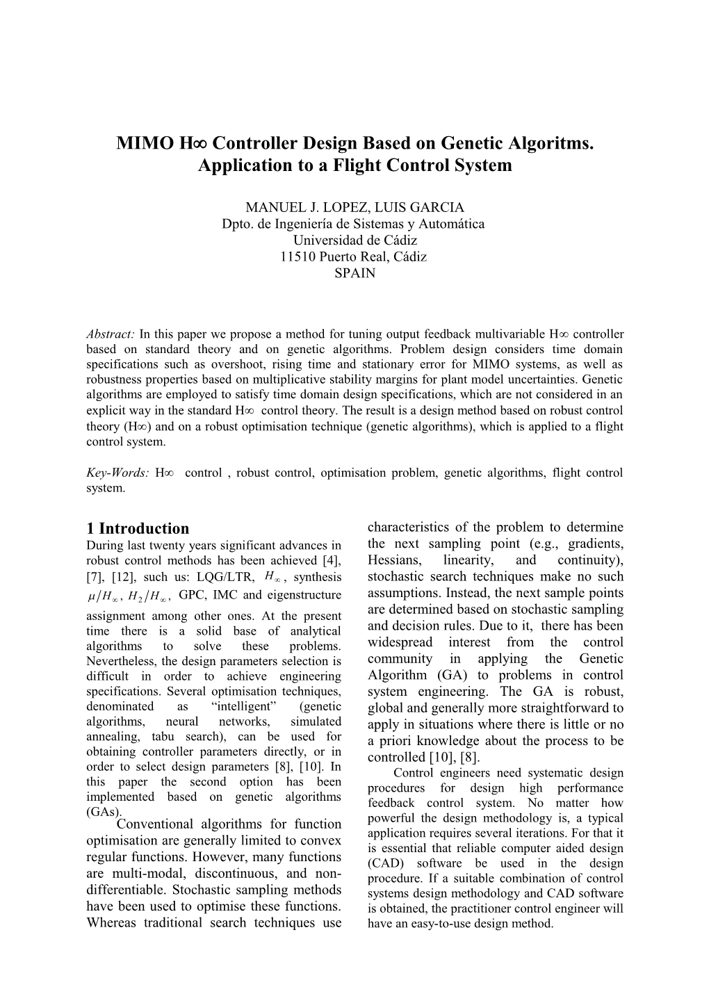 MIMO H Controller Design Based on Genetic Algoritms. Application to a Flight Control System