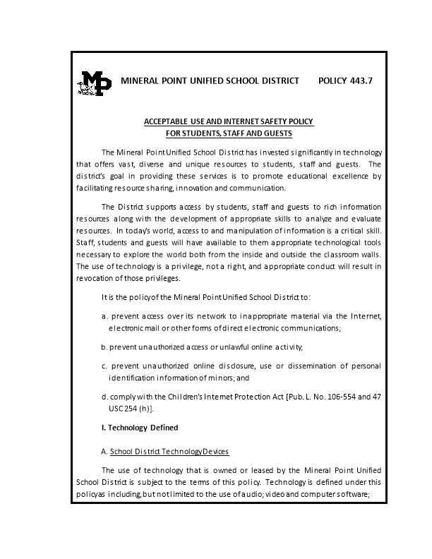 Mineral Point Unified School District Policy 443.7