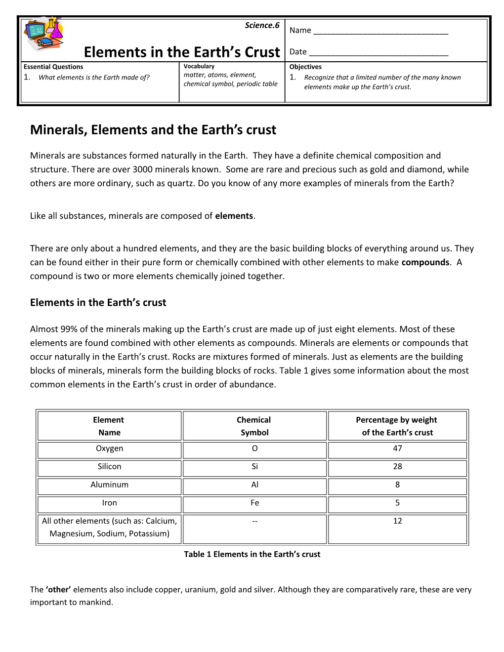Minerals, Elements and the Earth S Crust