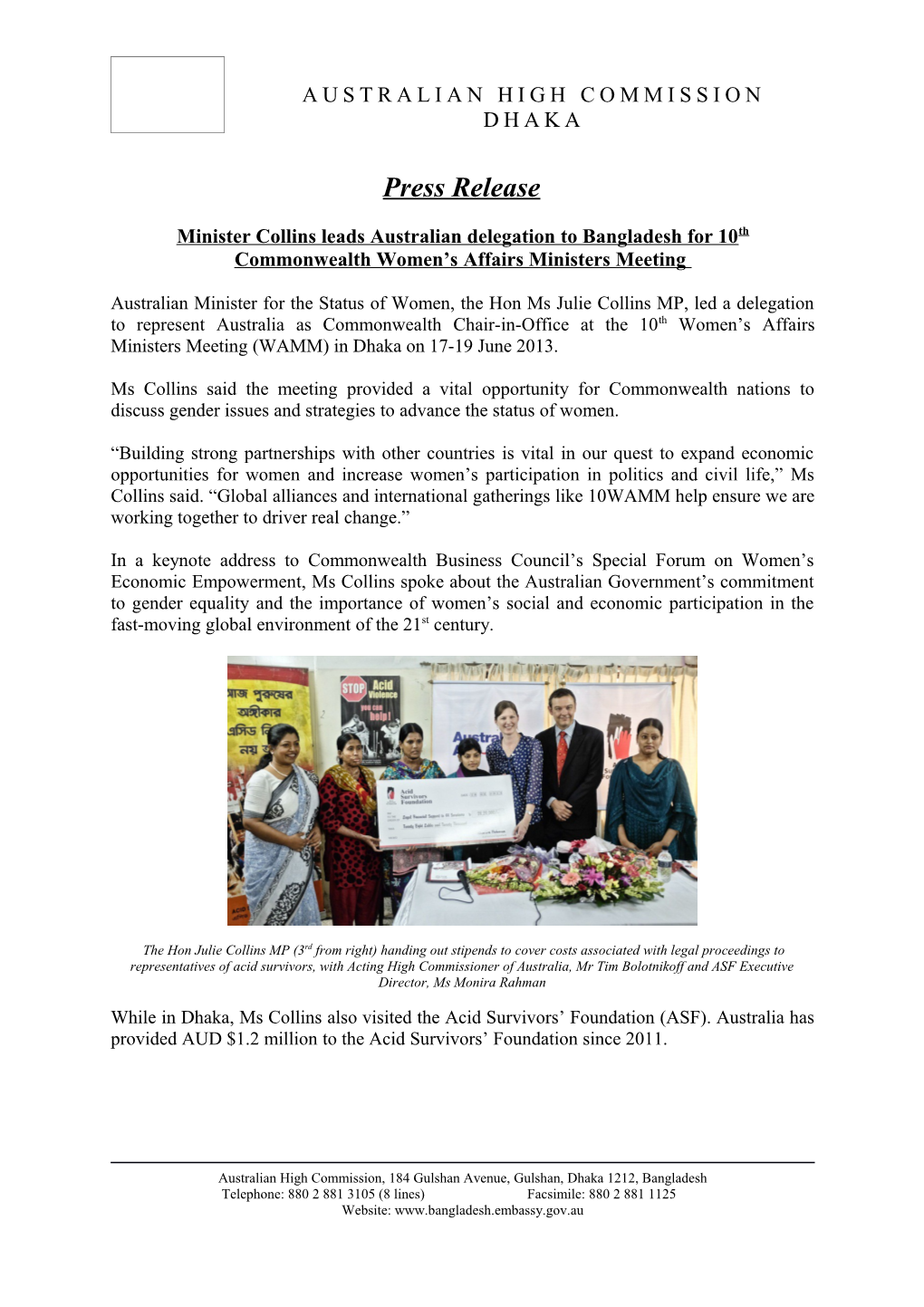 Minister Collins Leads Australian Delegation to Bangladesh for 10Th Commonwealth Women