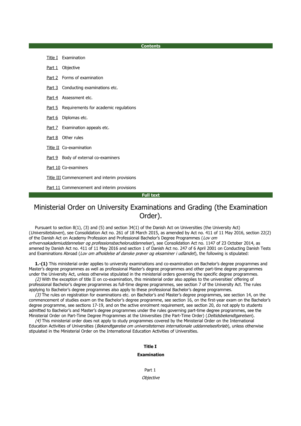 Ministerial Order on University Examinations and Grading (The Examination Order)