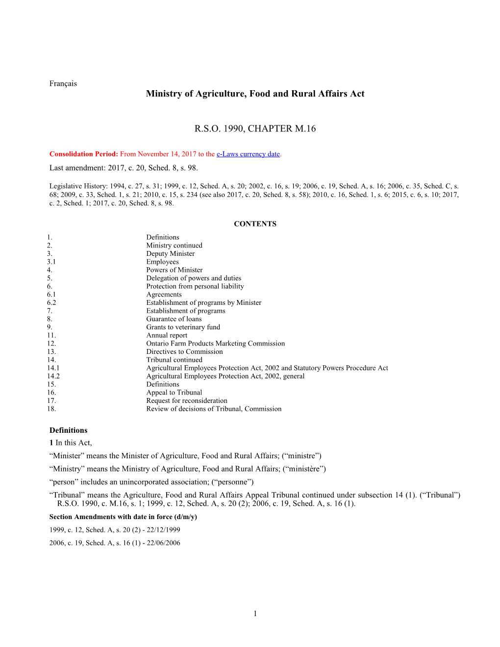 Ministry of Agriculture, Food and Rural Affairs Act, R.S.O. 1990, C. M.16