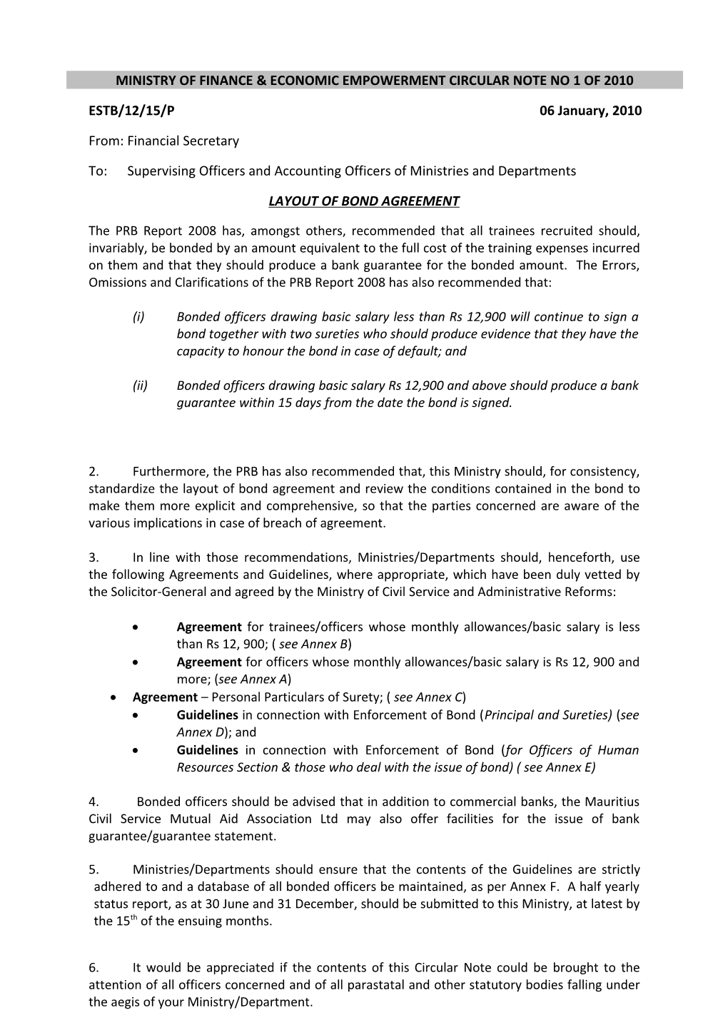 Ministry of Finance & Economic Empowerment Circular Note No 1 of 2010