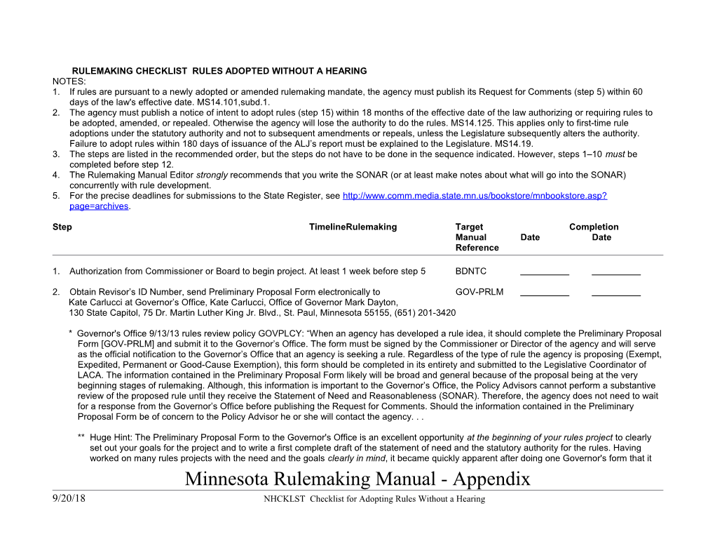 Minnesota Rulemaking Manual Checklist for Adopting Rules Without a Hearing