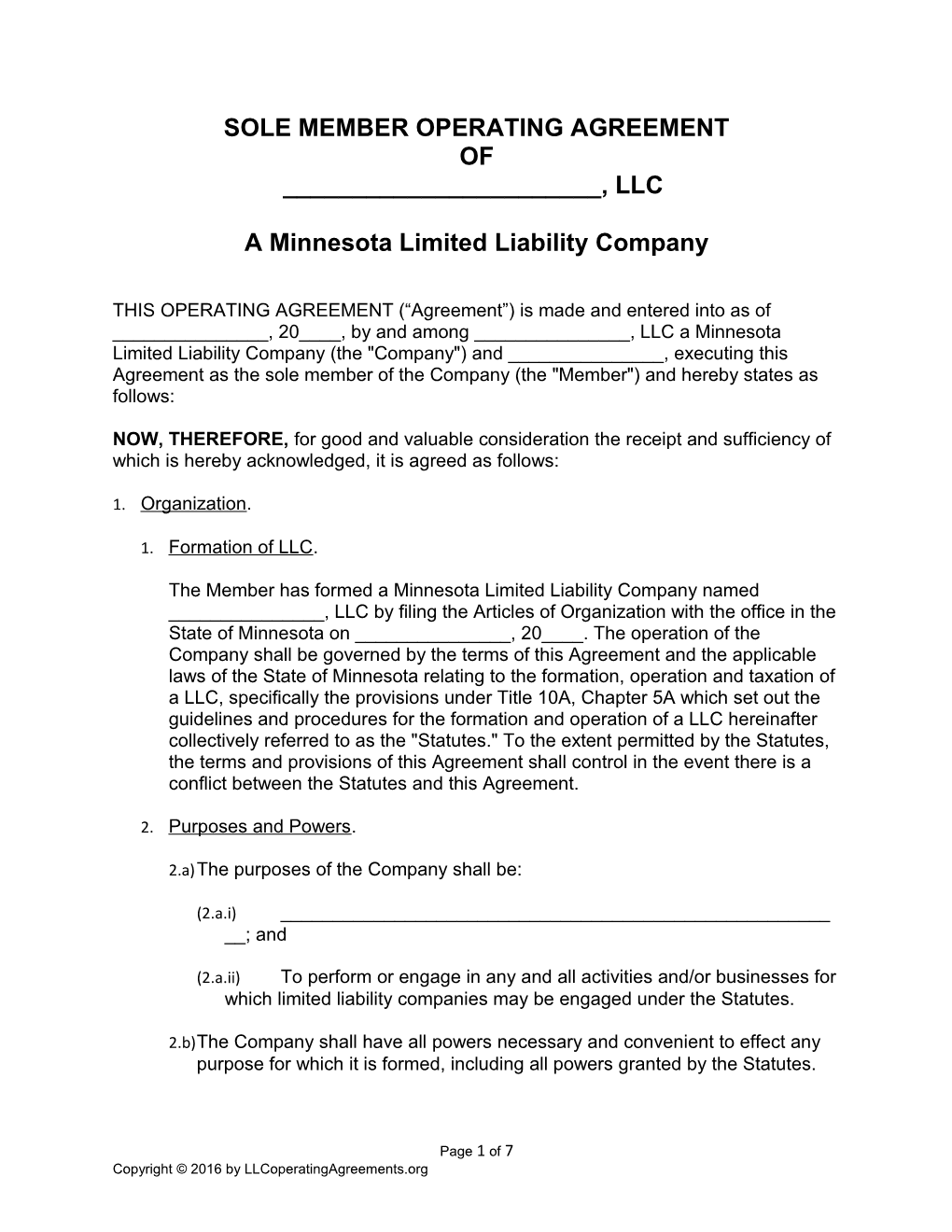 Minnesota Single Member LLC Operating Agreement Template