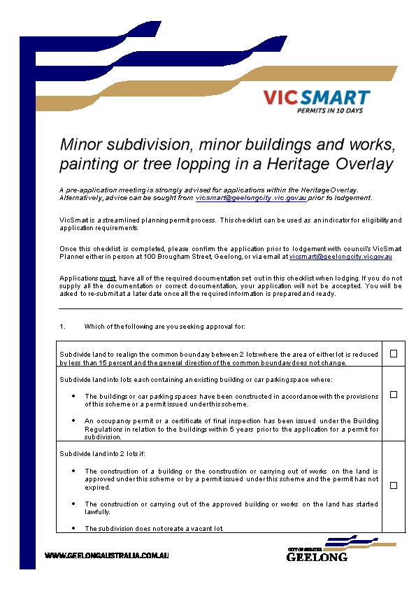 Minor Subdivision, Minor Buildings and Works, Painting Or Tree Lopping in a Heritage Overlay