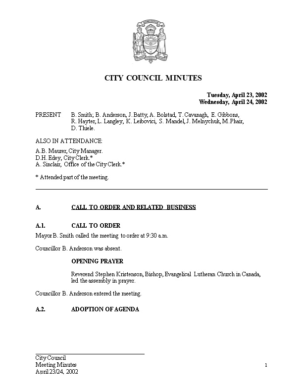 Minutes for City Council April 23, 2002 Meeting