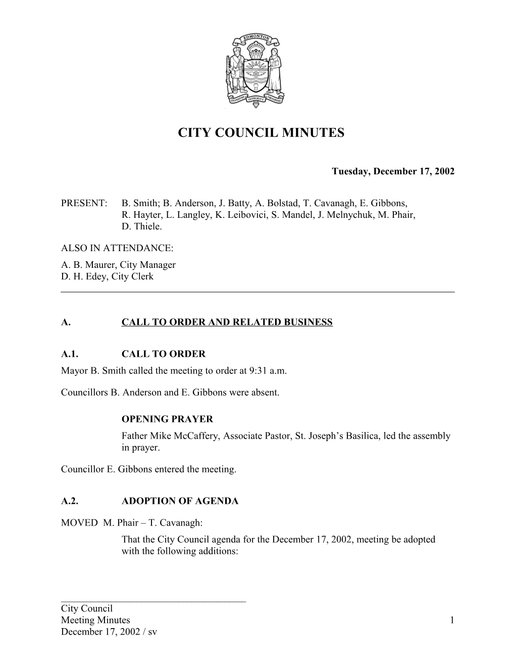Minutes for City Council December 17, 2002 Meeting