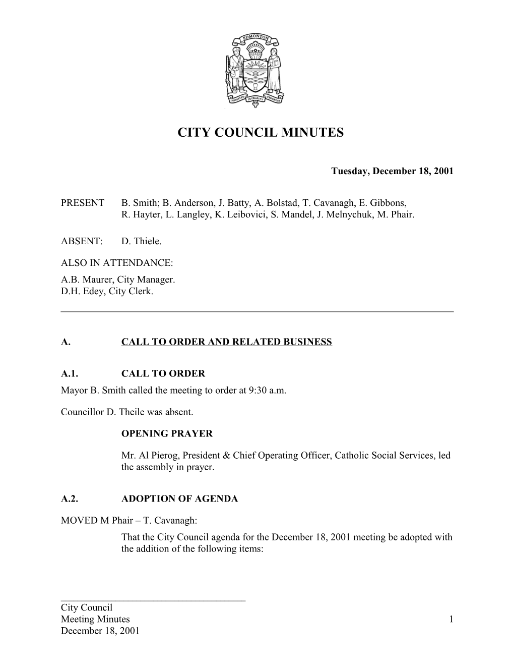 Minutes for City Council December 18, 2001 Meeting