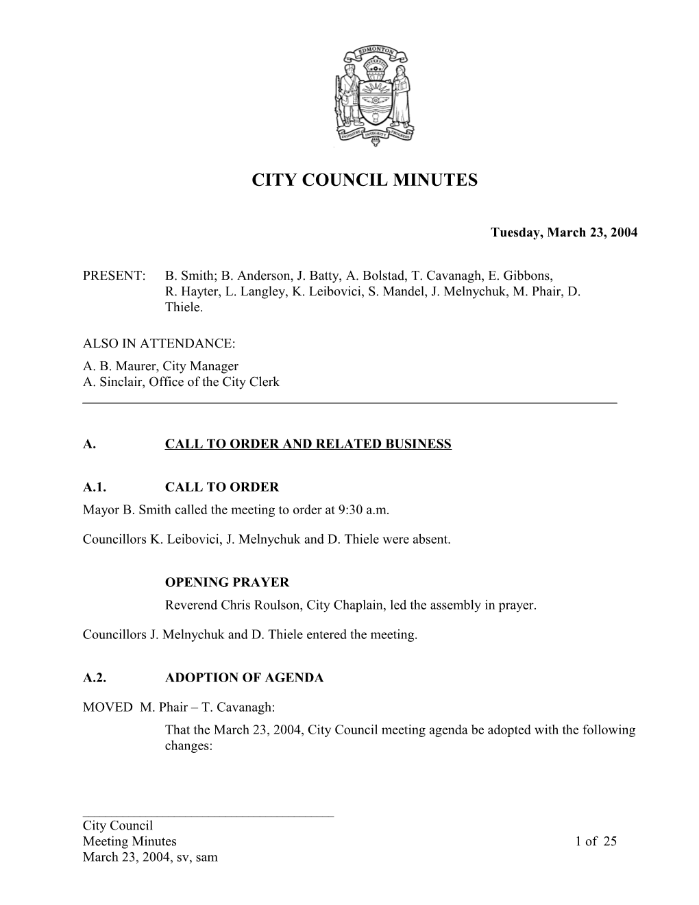 Minutes for City Council March 23, 2004 Meeting