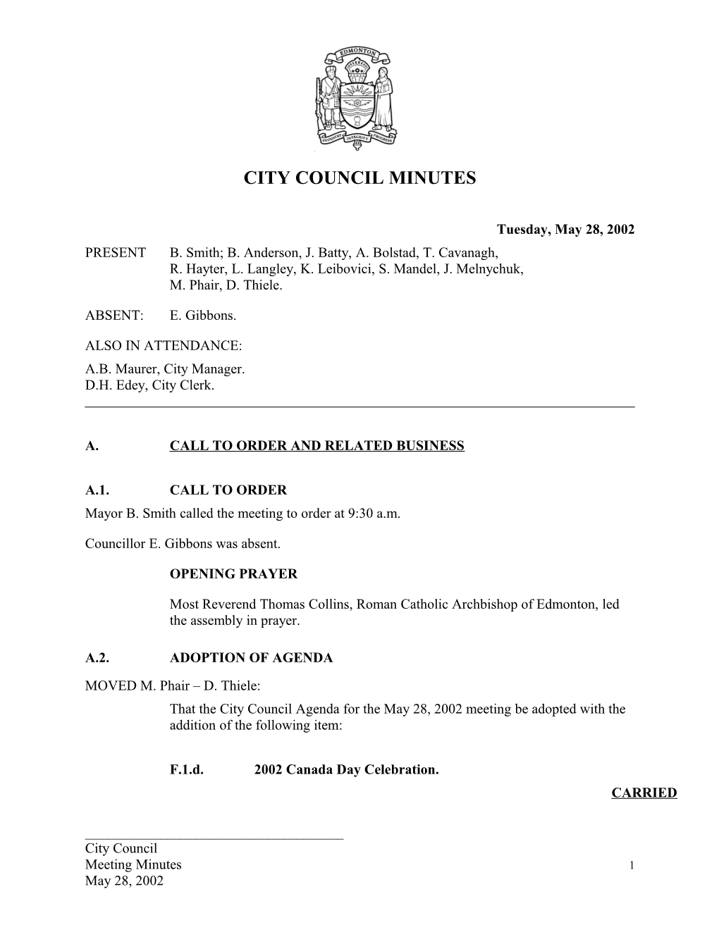 Minutes for City Council May 28, 2002 Meeting