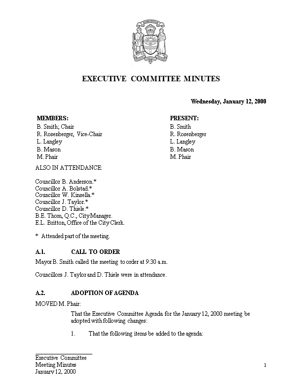 Minutes for Executive Committee January 12, 2000 Meeting