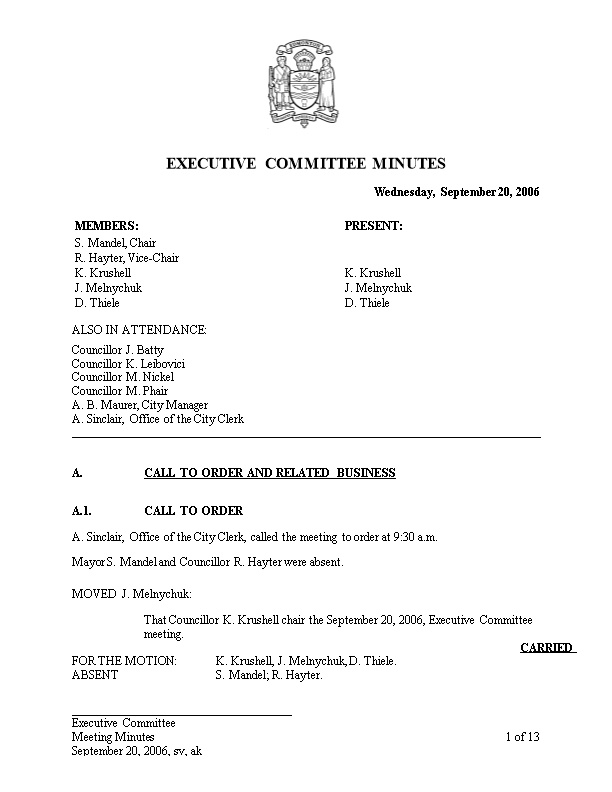 Minutes for Executive Committee September 20, 2006 Meeting