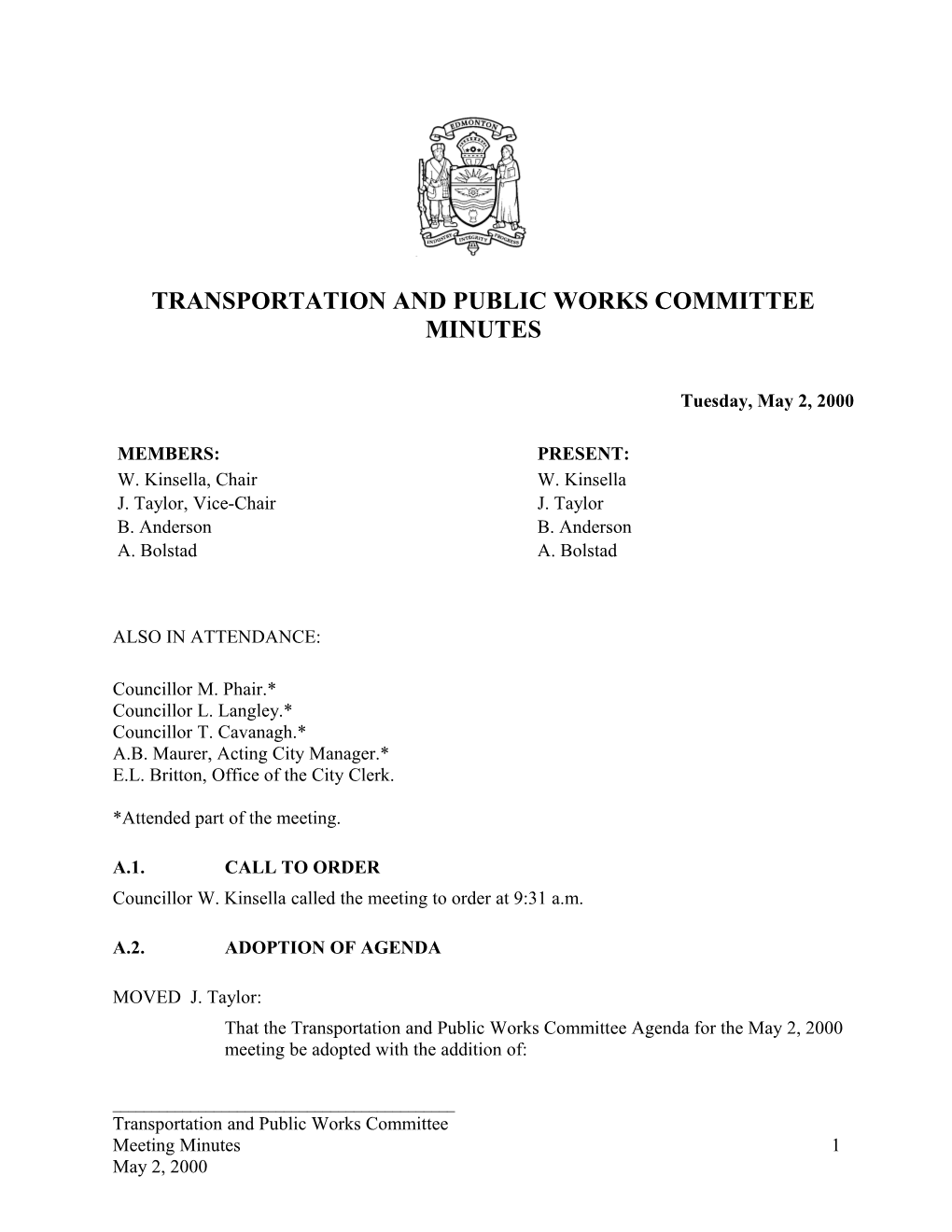 Minutes for Transportation and Public Works Committee May 2, 2000 Meeting