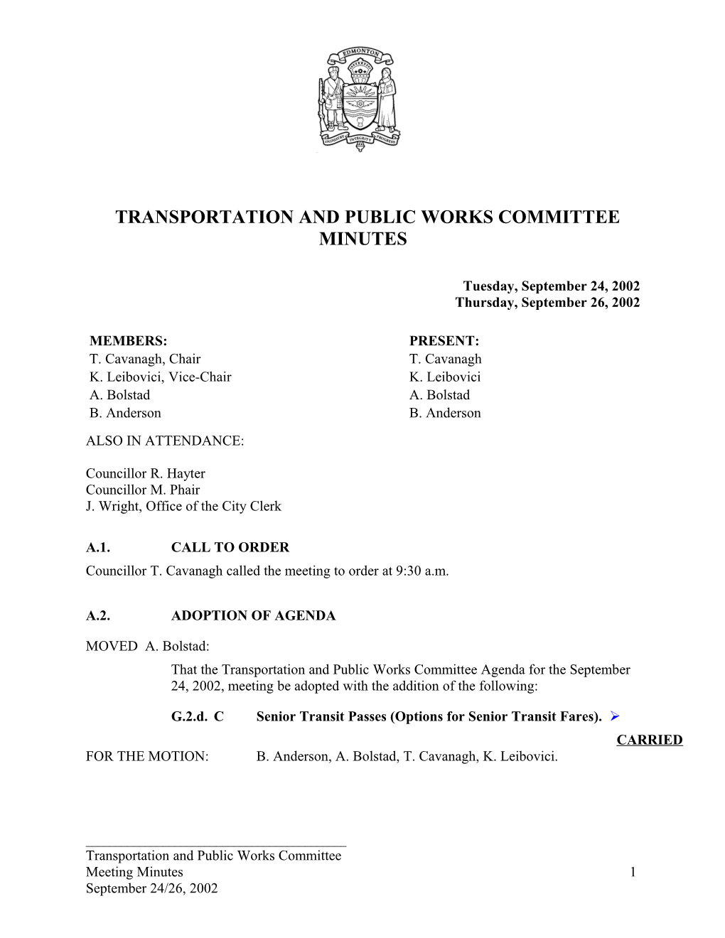 Minutes for Transportation and Public Works Committee September 24, 2002 Meeting