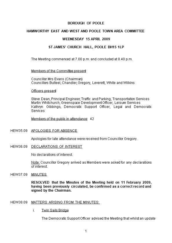 Minutes - Hamworthy East and West and Poole Town Area Committee - 15 April 2009