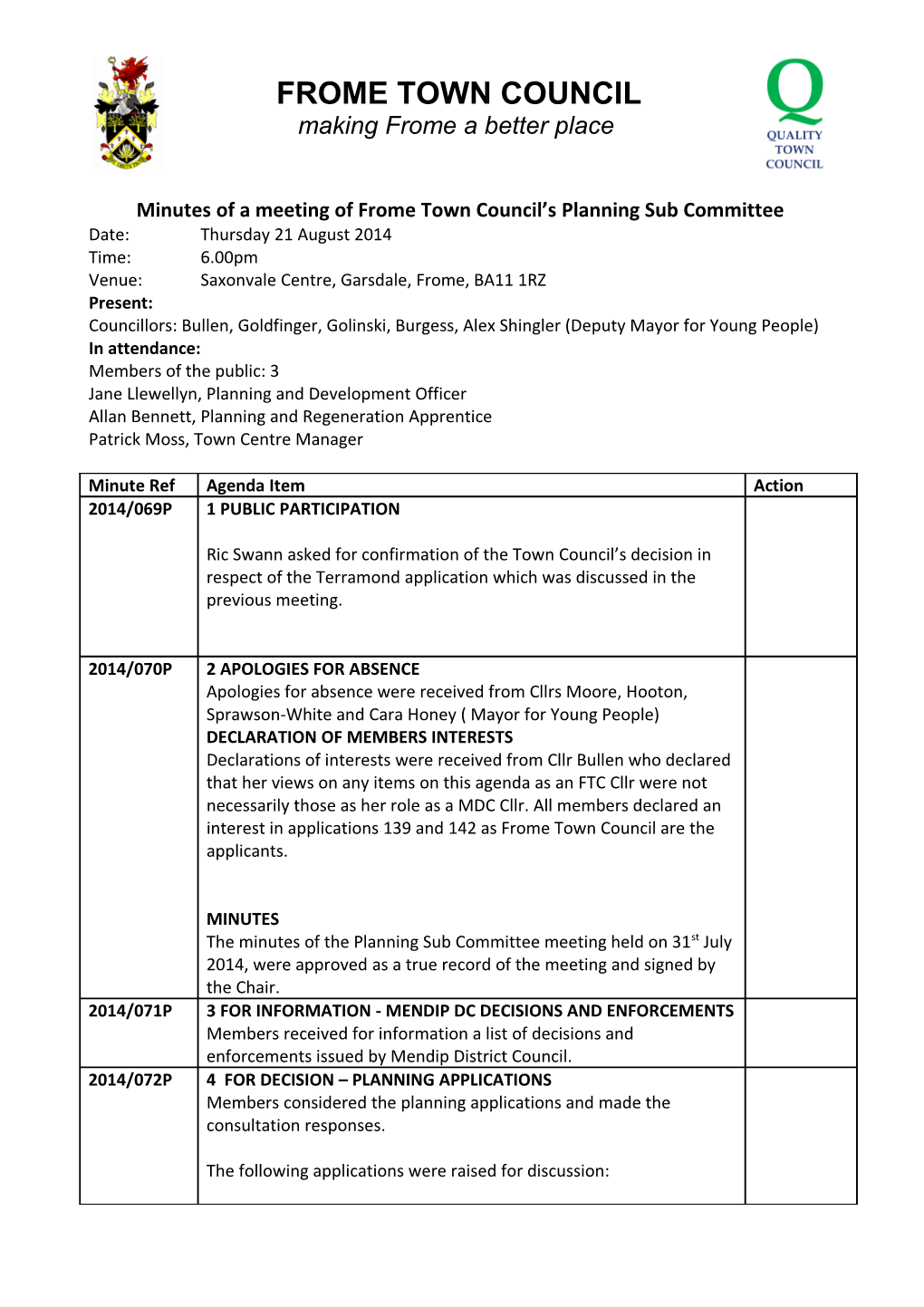 Minutes of a Meeting of Frome Town Council S Planning Sub Committee