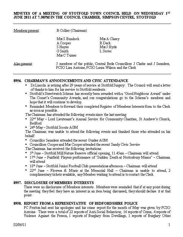 Minutes of a Meeting of Stotfold Town Council Held on Wednesday 1St June 2011 at 7