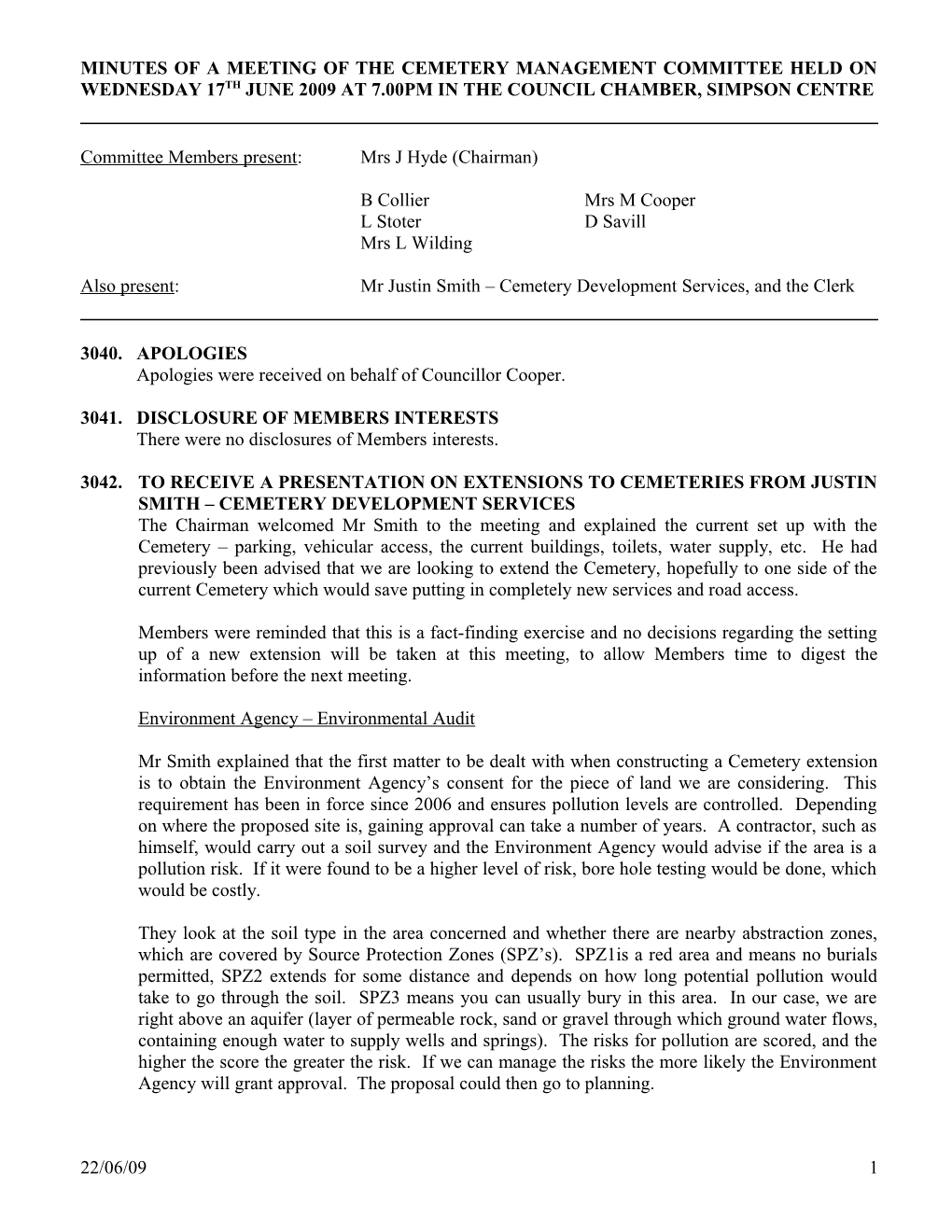 Minutes of a Meeting of the Cemetery Management Committee Held on Wednesday 17Th June 2009 at 7