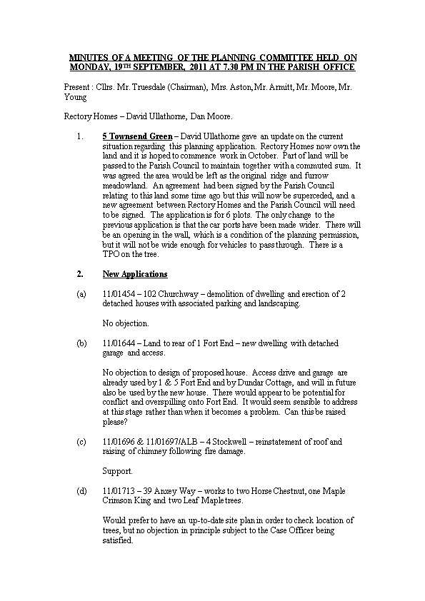 Minutes of a Meeting of the Planning Committee Held on Monday, 19Th September, 2011 at 7