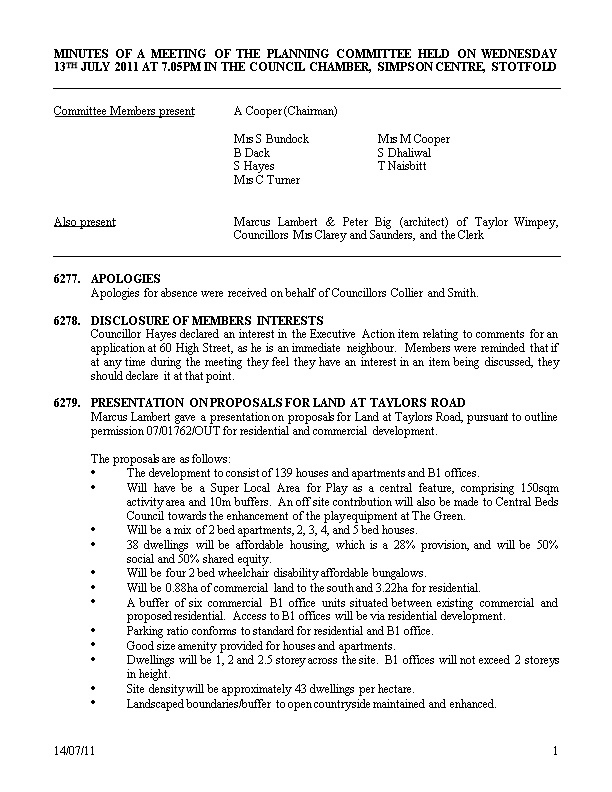 Minutes of a Meeting of the Planning Committee Held on Wednesday 13Th July 2011 at 7