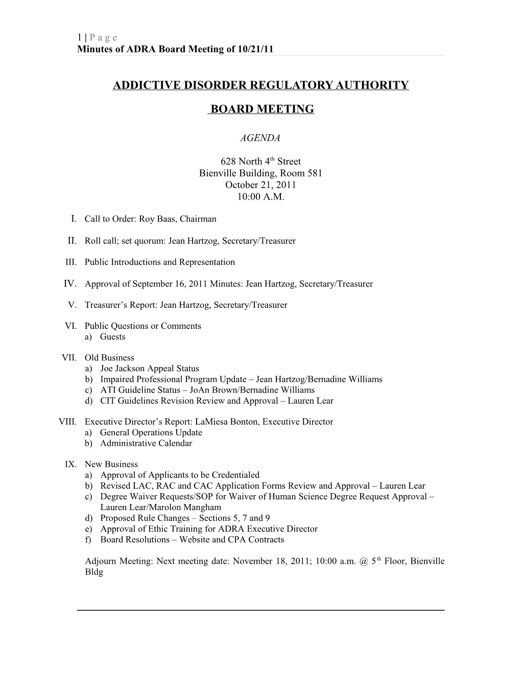 Minutes of ADRA Board Meeting of 10/21/11