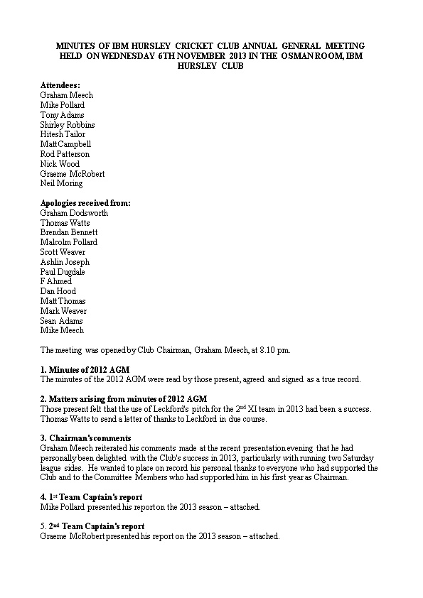 Minutes of Ibm Hursley Cricket Club Annual General Meeting