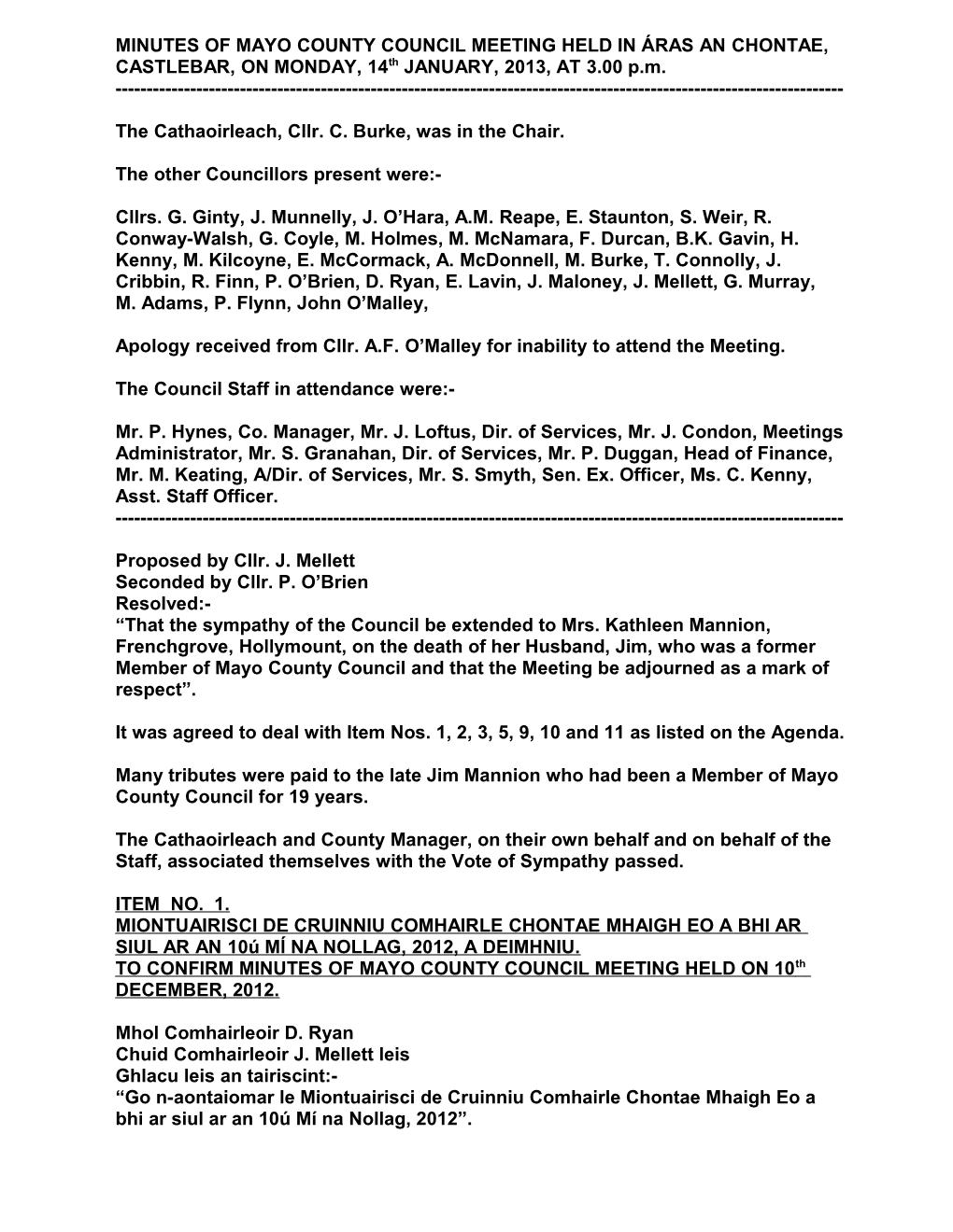 MINUTES of MAYO COUNTY COUNCIL MEETING HELD on MONDAY, 14Th JANUARY, 2013, at 3