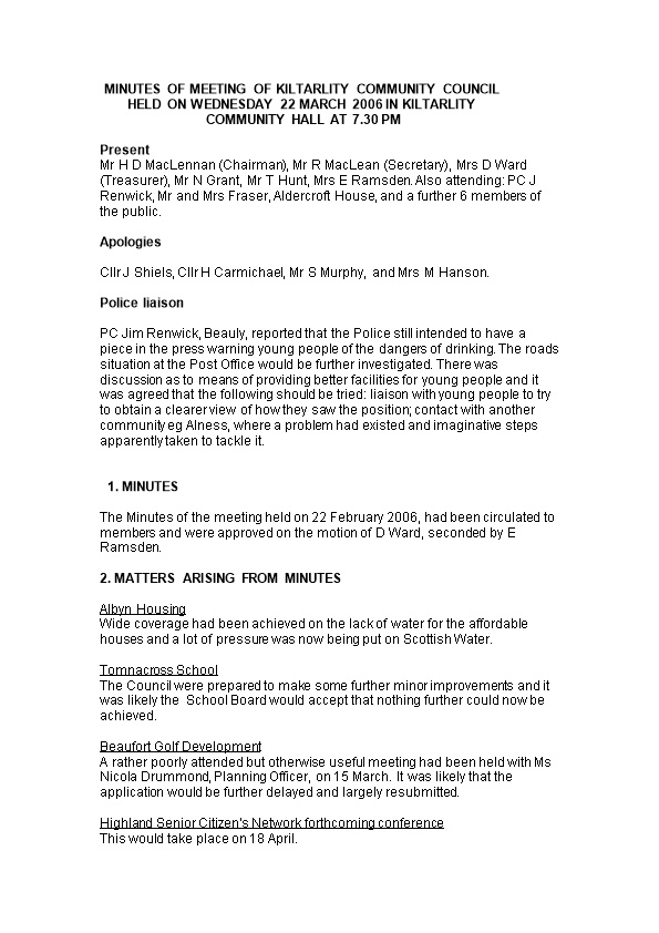 Minutes of Meeting of Kiltarlity Community Council Held on Wednesday 29 September 2004