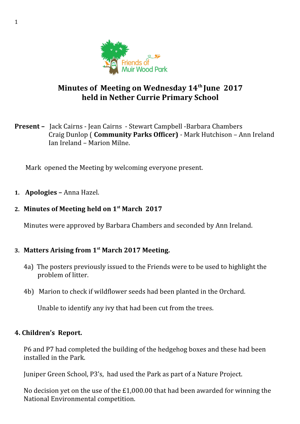 Minutes of Meetingon Wednesday 14Th June 2017