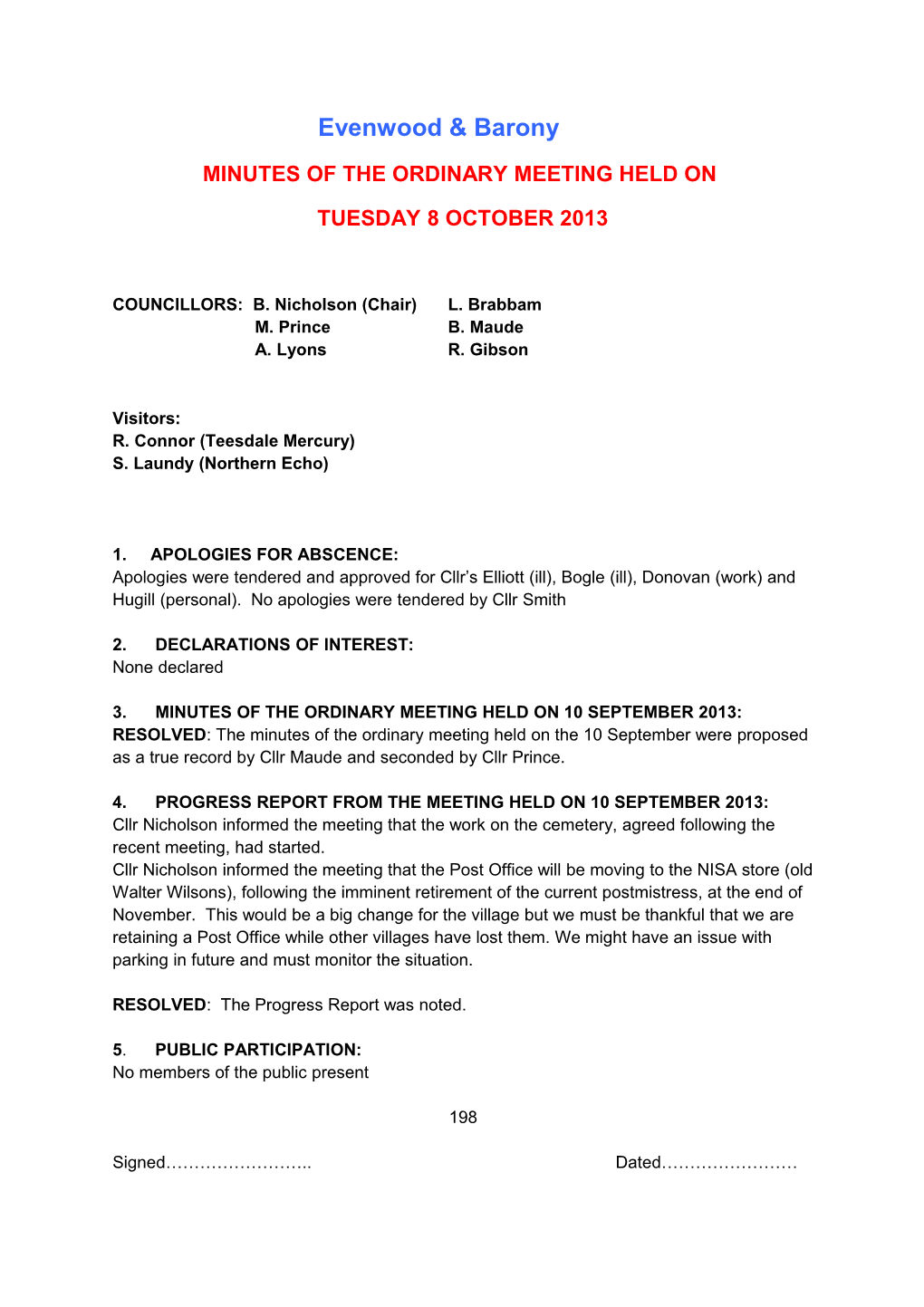 Minutes of Parish Council Meeting Held on Tuesday 8 December 2009